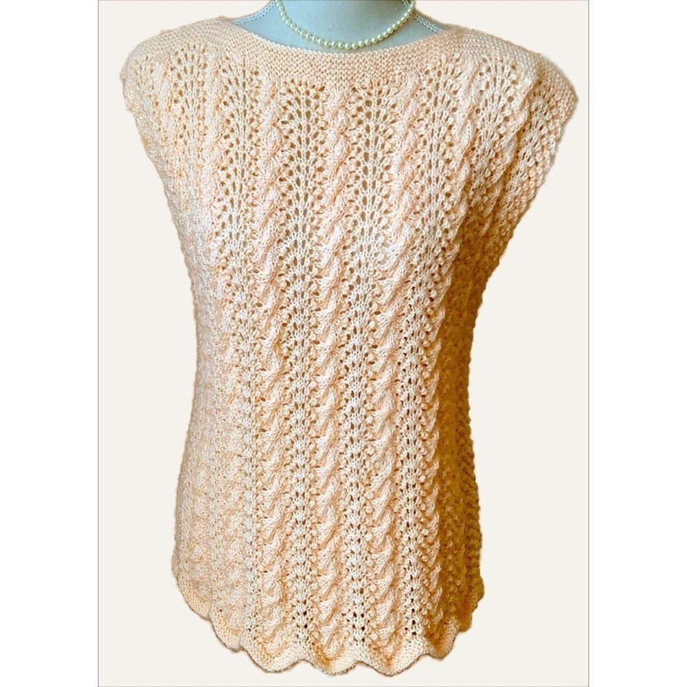 Vintage Hand Knit Peach Cable Knit Sweater Vest Scalloped Hem Size S